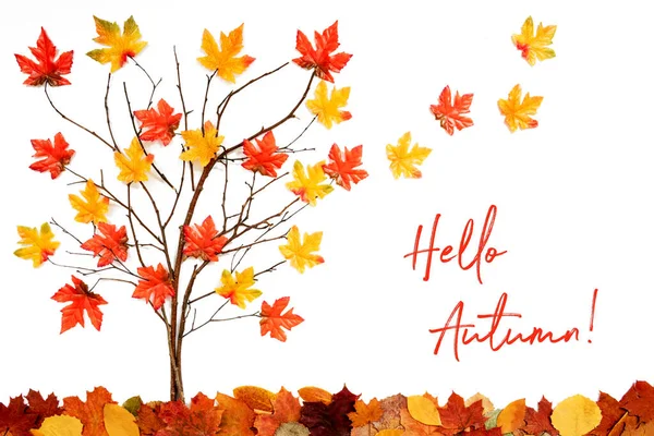 Baum mit buntem Laubschmuck, Blätter fliegen weg, Text Hallo Herbst — Stockfoto