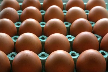 Kırmızı yumurtalarla dolu bir karton paketi kapat. Paskalya veya depolama kavramı, ya da tavuk çiftliği, organik ürünler, taze tarım pazarı gıdası.