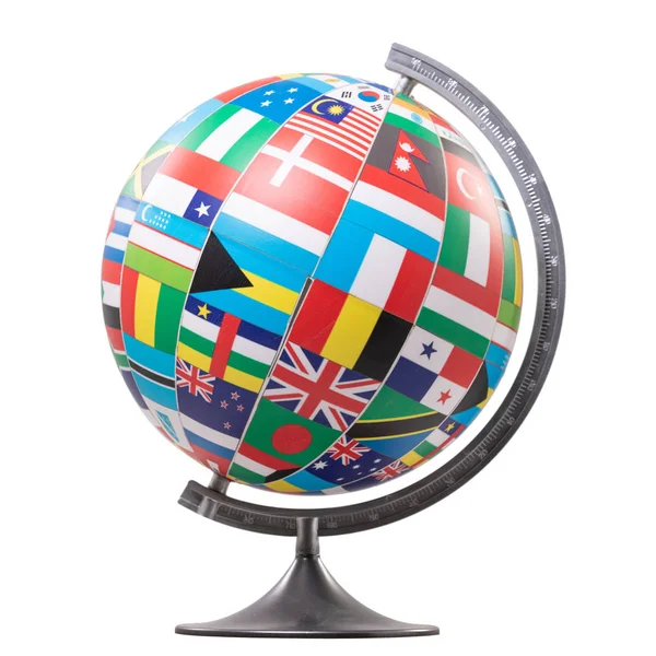 Globe brillant avec drapeaux du monde sur fond blanc isolé — Photo