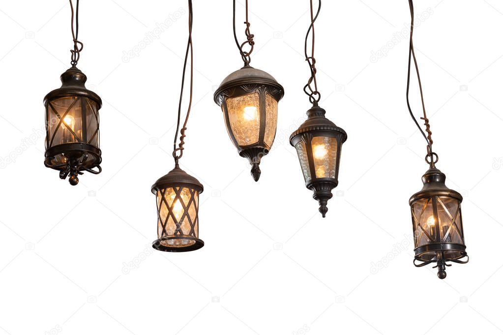 Vintage ceiling lights in the form of street lights. Lighting and interior decor on a blue isolated background