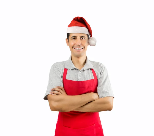 微笑与圣诞老人的帽子店主 — 图库照片