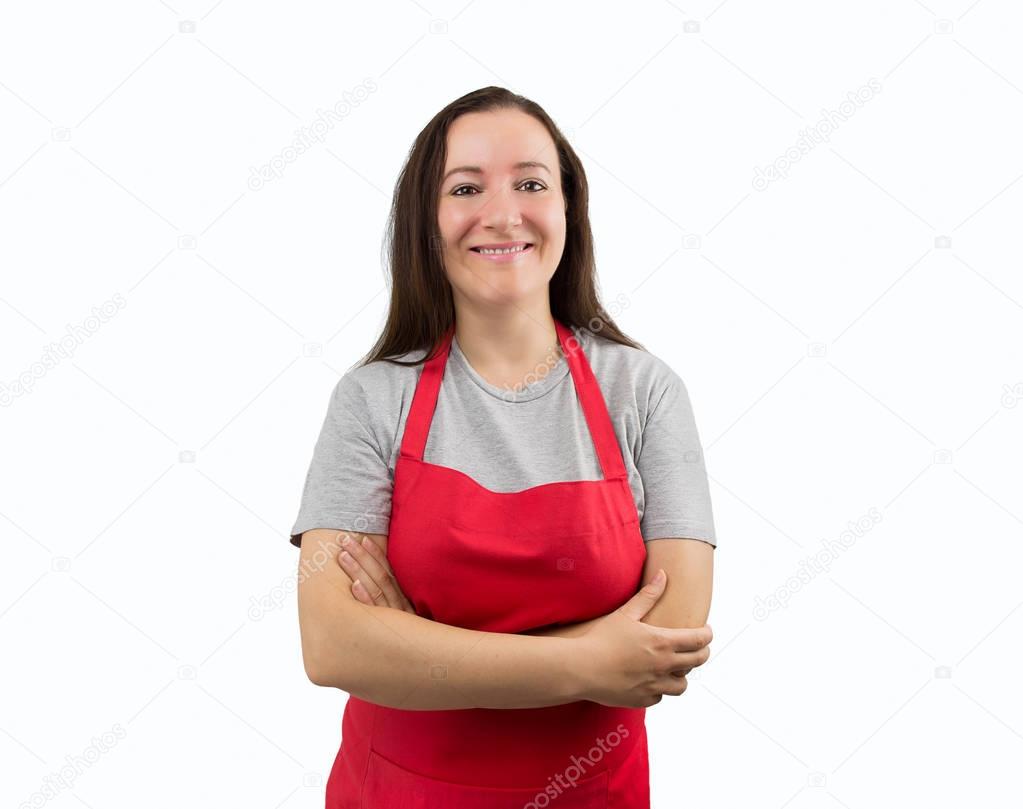 woman with apron smiling