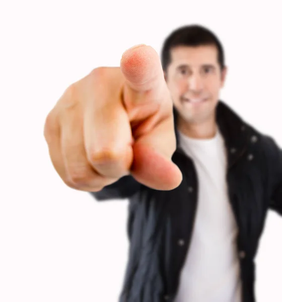 Happy man pointing with hand — Stock Photo, Image