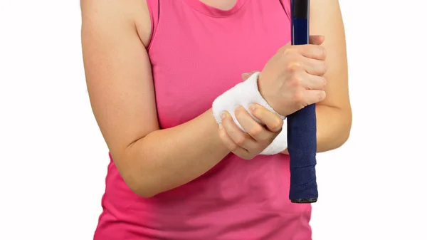 Tennis sportwoman with wrist pain — Stock Photo, Image