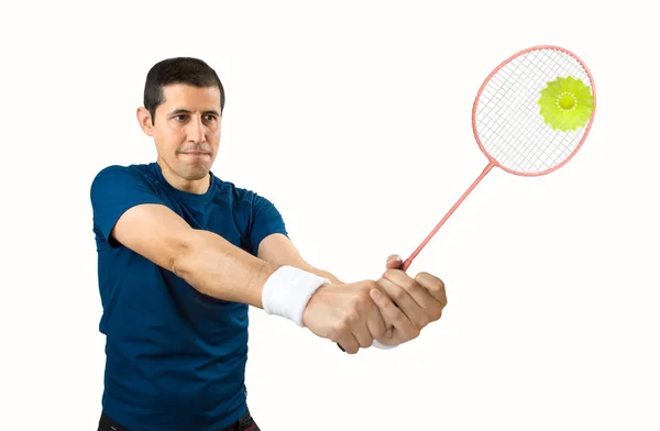 Badminton player no fundo branco — Fotografia de Stock