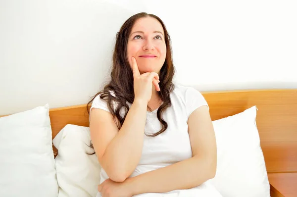 Close Woman Thinking Looking Bedroom — Stock Photo, Image