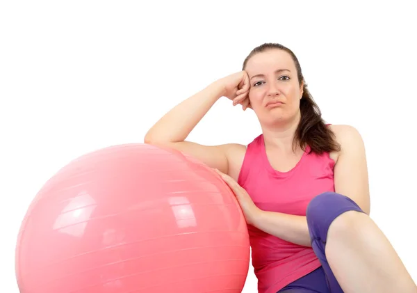 Tired Sad Woman Doing Pilates Exercises White Background — Stock Photo, Image