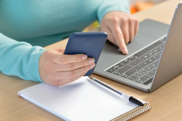 Close Woman Hands Using Smart Phone Laptop Desktop Home Office — Stock Photo, Image