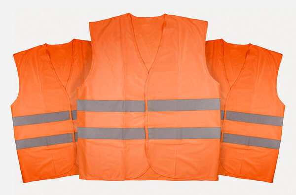Three orange vests on white background