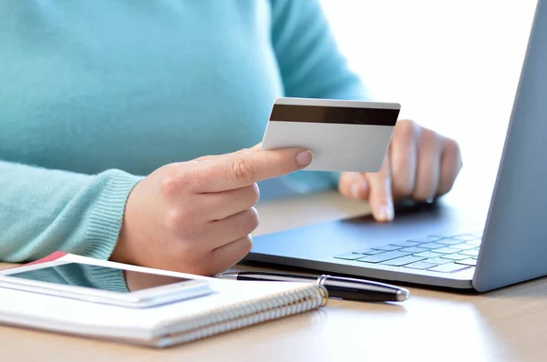 Woman Hand Paying Line Credit Card Home — Stock Photo, Image