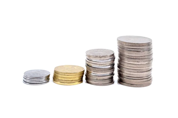 Savings, increasing columns of coins isolated on white background — Stock Photo, Image