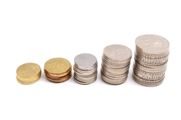Savings, increasing columns of coins isolated on white background — Stock Photo, Image