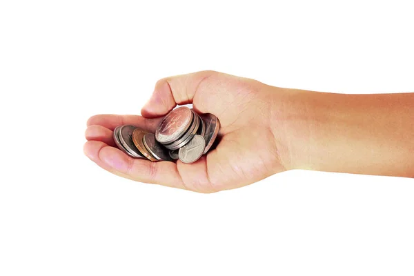 A handful of coins in the palm of a hand — Stock Photo, Image