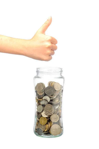 Image of hand showing good sign with coin in bottle, saving concept — Stock Photo, Image