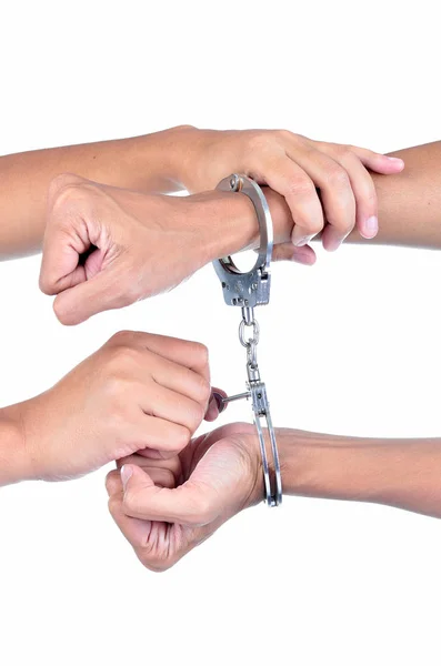 Man hands with handcuffs got arrested isolated on white background — Stock Photo, Image