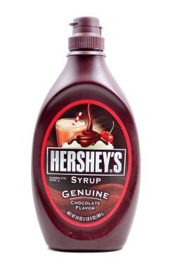 KUANTAN, MALAYSIA - FEB 9, 2014: A 24oz bottle of Hershey's Chocolate Syrup. The Hershey Company is the largest chocolate manufacturer.
