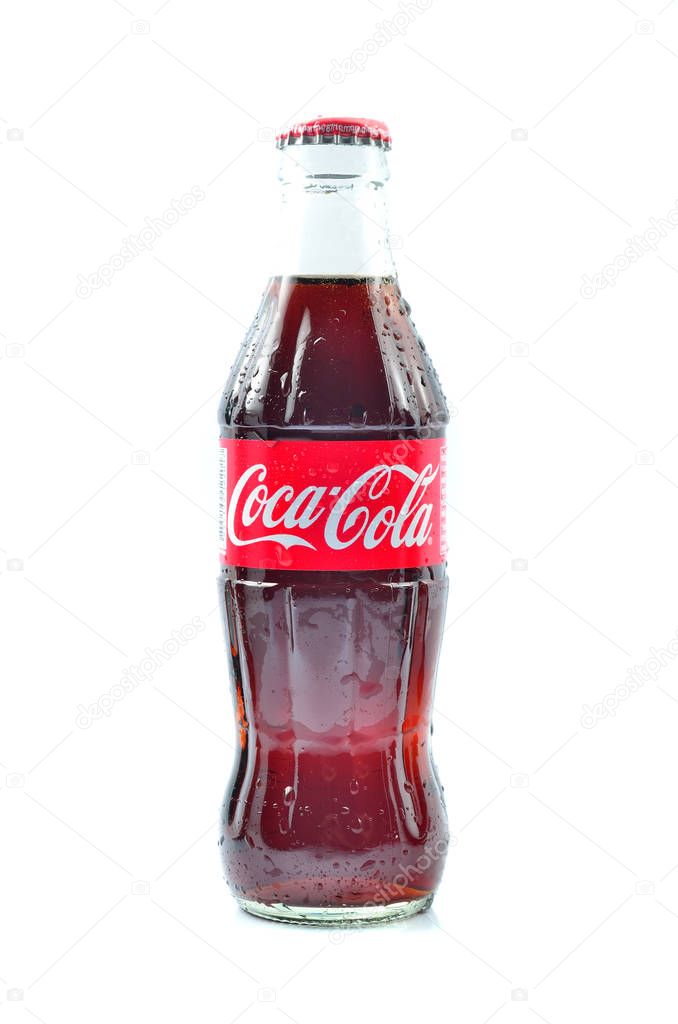 Pahang, Malaysia - January 12, 2015 - Glass bottle of Coca-Cola Classic. Coca-Cola is one of the worlds favorite carbonated beverages