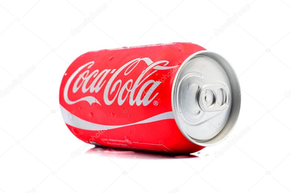 PAHANG, MALAYSIA - Jan 18, 2015: Editorial photo of Classic Coca-Cola can on White Background. Coca-Cola is one of the worlds favorite carbonated beverages