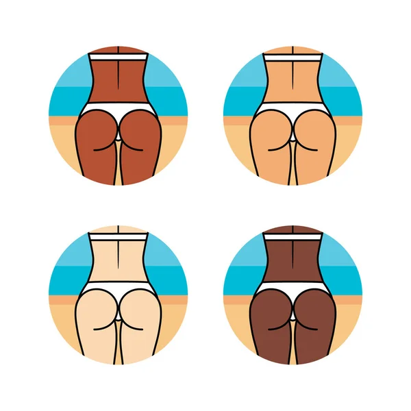 Femme saine fesses sur la plage. Différentes couleurs de peau — Image vectorielle