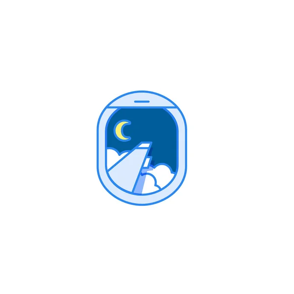Nattflyg. Vektor-ikonen. Flygplan-fönstret Visa med wing, månen och moln — Stock vektor