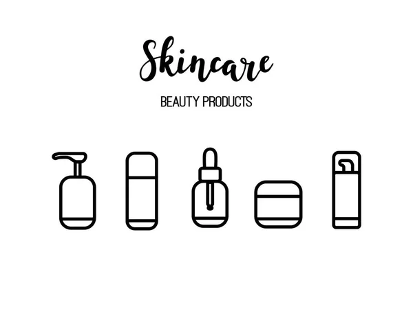 Vector productos para el cuidado de la piel cosméticos belleza línea de rutina iconos de arte — Vector de stock