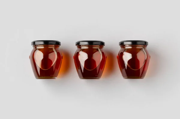 Three Honey Jars Mockup Grey Background — Stock Photo, Image