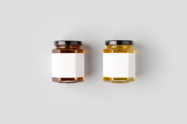 Hexagonal honey jars mockup with blank label. Two different colors. clipart