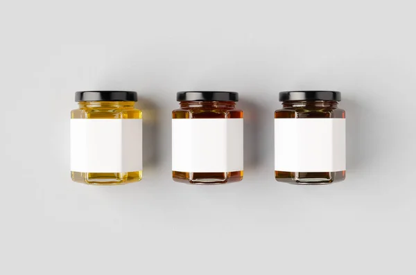 Hexagonal Honey Jars Mockup With Blank Label Three Different Colors Star Thistle Advertising Stock Photo 346880842