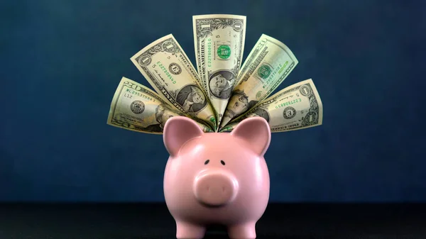 Koncepcja pieniądza Pink Piggy bank na ciemnym niebieskim tle — Zdjęcie stockowe