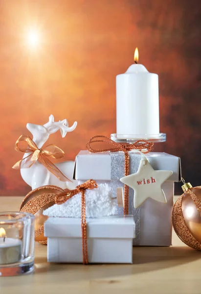 Festive Christmas Copper and White Gifts — Stock Photo, Image