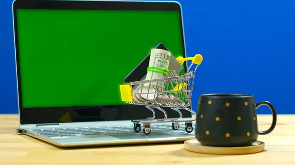 Elektronický obchod koncept maloobchodu s miniaturním nákupním vozíkem a notebookem. — Stock fotografie