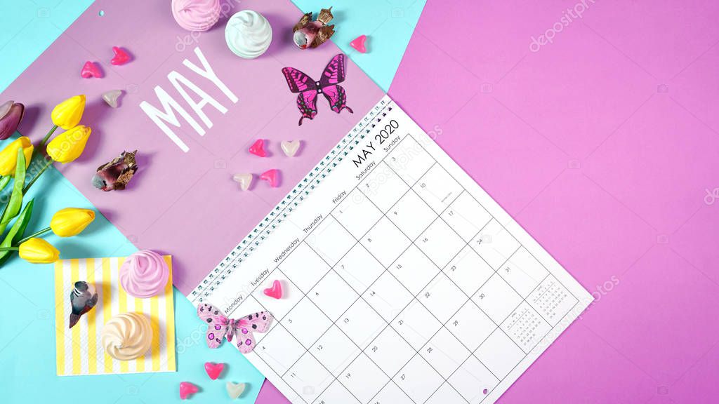 On-trend 2020 calendar page for the month of May modern flat lay