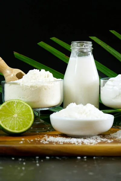 Latte di cocco, panna, yogurt, farina, cocco essiccato tritato e olio . — Foto Stock