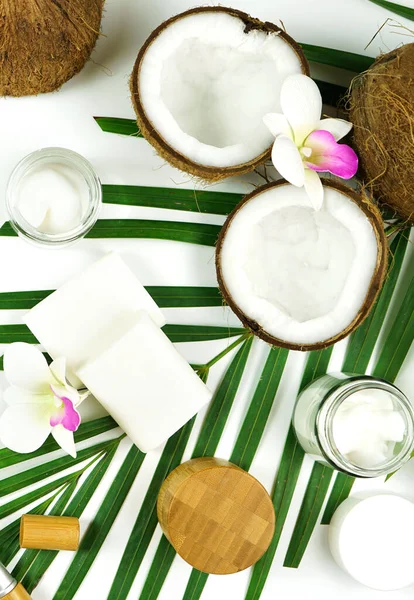 Coconut cosmetics with soaps, moisturizers and beauty products.