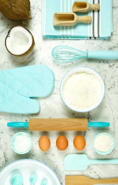 Coconut baking theme flat lay creative layout overhead on marble table top. — Stock Photo, Image