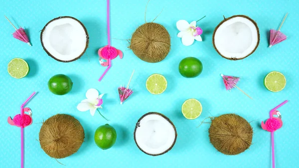 Coconut summertime theme flat lay creative layout overhead.