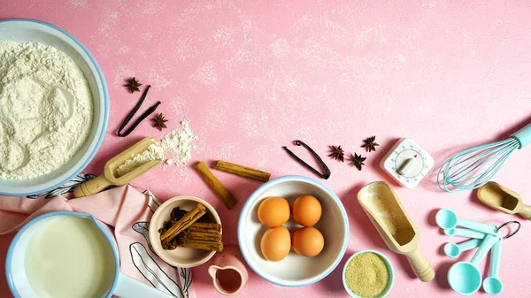 Baking flatlay creative composition top view for basic recipes on pink table. — Stock Photo, Image