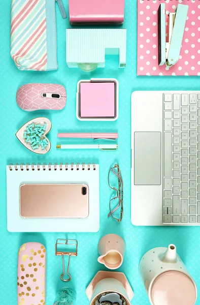Desktop workspace with hi-tech laptop and modern colorful accessories. — Stock Photo, Image