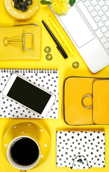 Desktop workspace with hi-tech laptop and modern colorful accessories. — Stock Photo, Image