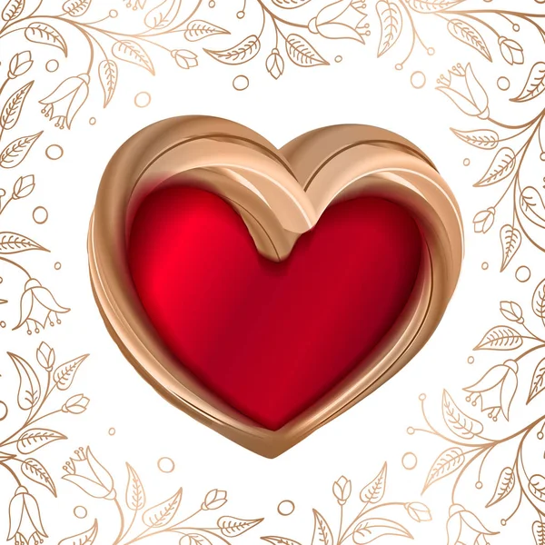 San Valentino sfondo astratto cuore d'oro sul rosso — Vettoriale Stock