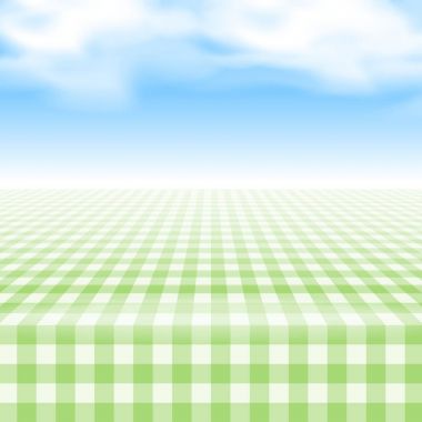 Boş piknik masası, kapalı damalı masa örtüsü.