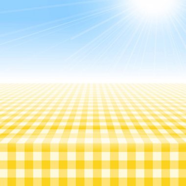 Boş piknik masası, kapalı damalı masa örtüsü.