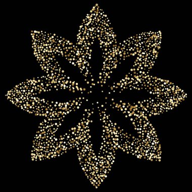 Siyah üzerinde lüks altın nilüfer çiçeği, koyu arkaplanda parlak konfeti parçacıkları. Dağınık altın noktalar. Vektör çizimi. En iyi çiçek simgesi.