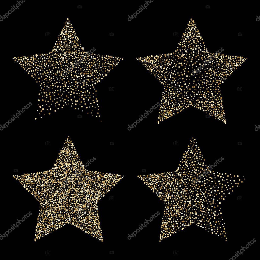 Luxury golden stars on black, gold glittering confetti particles on dark background. Scattered golden dots. Vector illustration. Premium floral icon.