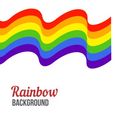 Beyaz arka planda gökkuşağı bayrağı sallıyor. Gökkuşağı LGBT bayrak vektör posteri veya pankart şablonu. LGBTQ renkleri. Vektör çizimi. Dalgalı desen. Basit düz biçim.