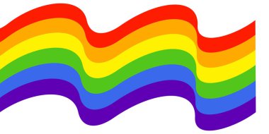 Beyaz arka planda gökkuşağı bayrağı sallıyor. Gökkuşağı LGBT bayrak vektör posteri veya pankart şablonu. LGBTQ renkleri. Vektör çizimi. Dalgalı desen. Basit düz biçim.