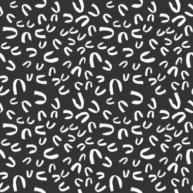 Basit el çizimi mürekkep karalamaları, kusursuz desen, soyut geometrik arkaplan. Rastgele fırça darbeleri. Basit ve kullanışlı mürekkep dokusu tasarımı. Siyah arka planda beyaz lekeler. Vektör illüstrasyonu.