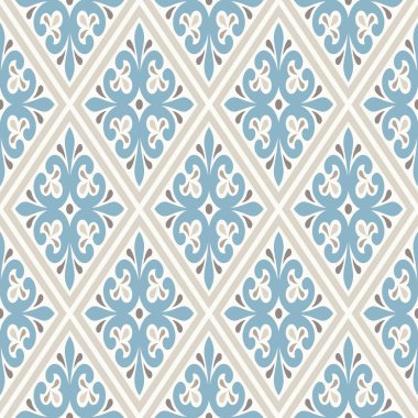 Modern geometrik desen, eski duvar kağıtlarından esinlenilmiş. Güzel retro renkler - gri bej, durgun mavi. Kusursuz vektör deseni. Kumaş tasarımı, ambalaj kağıdı, duvar kâğıtları, web arkaplanı vs. için mükemmel