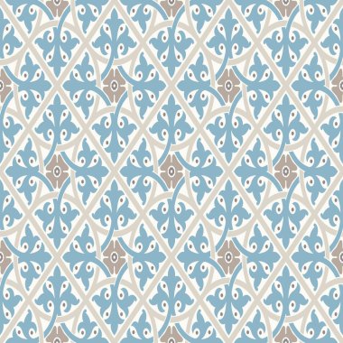 Modern geometrik desen, eski duvar kağıtlarından esinlenilmiş. Güzel retro renkler - gri bej, durgun mavi. Kusursuz vektör deseni. Kumaş tasarımı, ambalaj kağıdı, duvar kâğıtları, web arkaplanı vs. için mükemmel