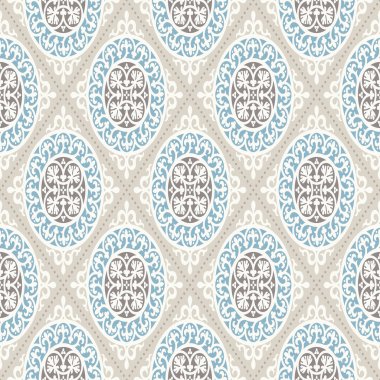 Modern geometrik desen, eski duvar kağıtlarından esinlenilmiş. Güzel retro renkler - gri bej, durgun mavi. Kusursuz vektör deseni. Kumaş tasarımı, ambalaj kağıdı, duvar kâğıtları, web arkaplanı vs. için mükemmel